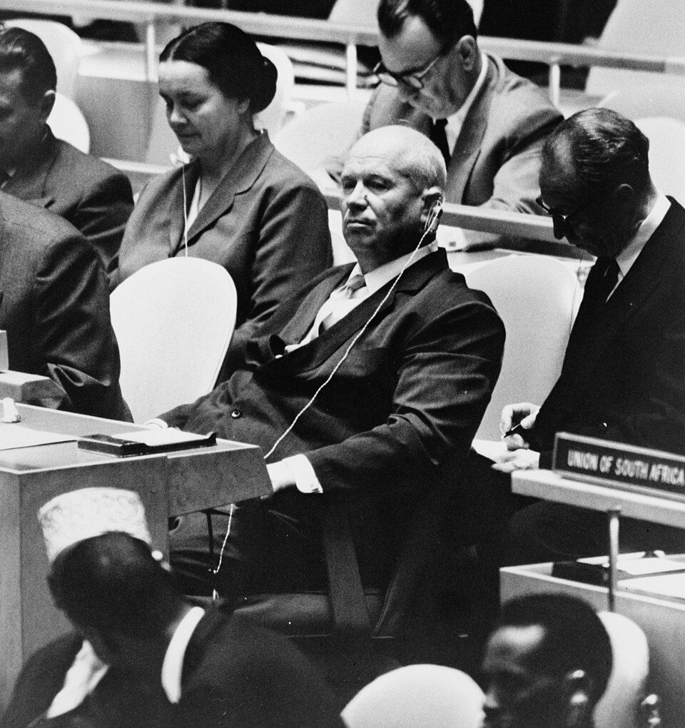 Nikita Khrushchev, leader of the Union of Soviet Socialist Republics, at a meeting of the United Nations General Assembly, New York, New York