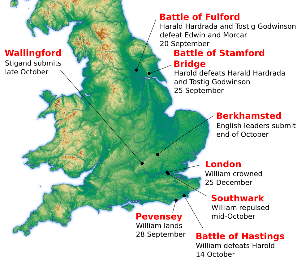 Location of major events during the Norman conquest of England in 1066.