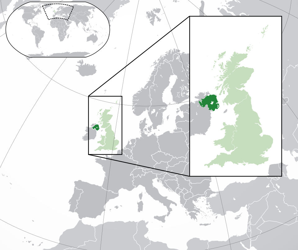 A map of Northern Ireland within the United Kingdom and Europe. The map is a polar orthographic projection . Northern Ireland Great Britain/United Kingdom…