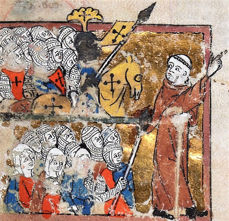 Peter the Hermit, miniature from Egerton Manuscript 1500, folio 45 verso, France, 14th c.