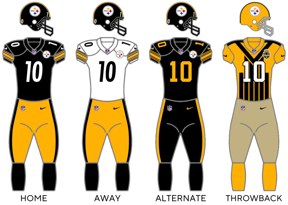 The uniforms of the Pittsburgh Steelers, now with the 1933 throwback uniform replacing the 1970’s throwback uniform.