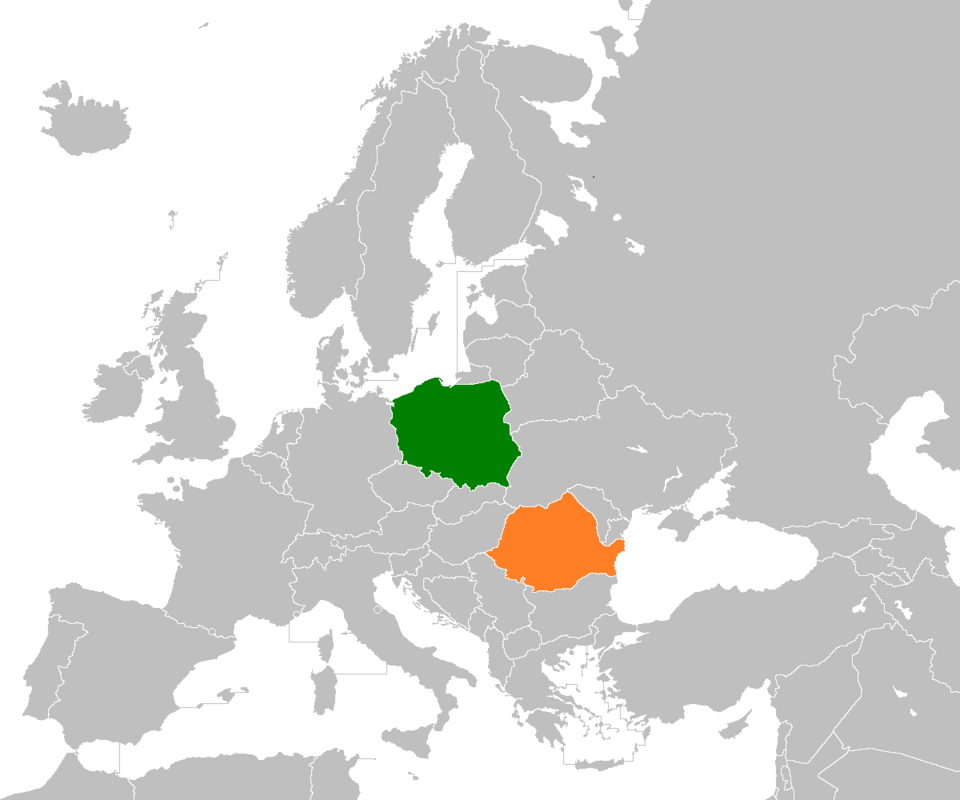 Description: Map of the world indicating Poland and Romania. For use in Category:Polish-Romanian relations and similar articles. Source: Own work based on…