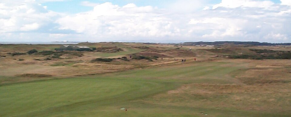 Prestwick Golf Club in Scotland 18th hole taken from second floor lounge of Prestwick clubhouse
