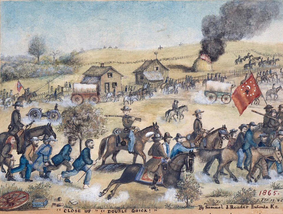 Watercolor painting of the Price Raid by Samuel J. Reader, 1865.