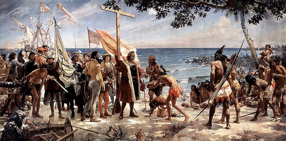 El lienzo representa el primer homenaje rendido por los nativos americanos al almirante Cristóbal Colón .