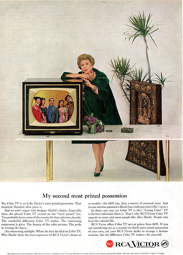 RCA Victor Color TV ad featuring milliner Lilly Daché , 1959