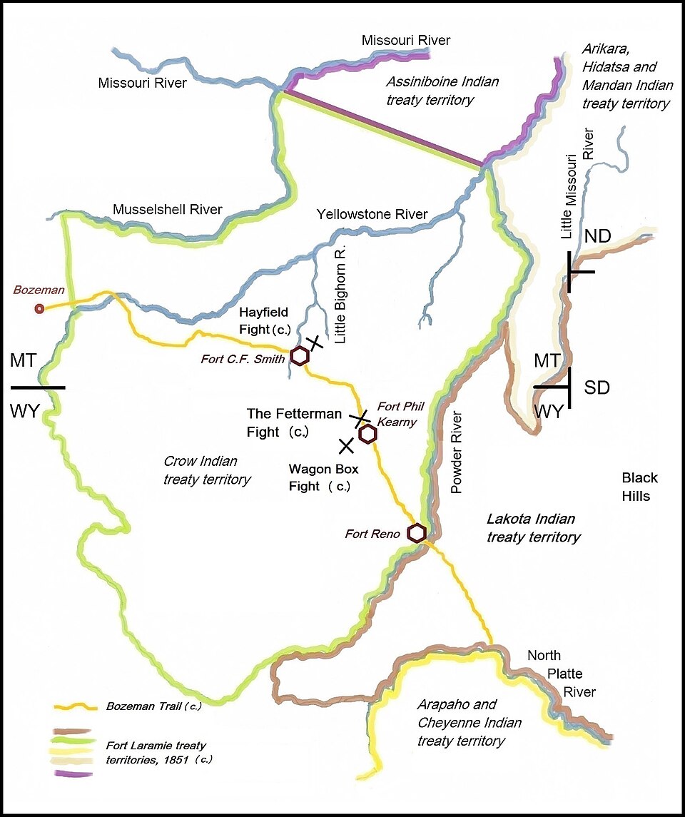 Map showing the major battle fields of Red Cloud's War, 1866-1868, and the relevant Indian territories as described in the Treaty of Fort Laramie (1851).