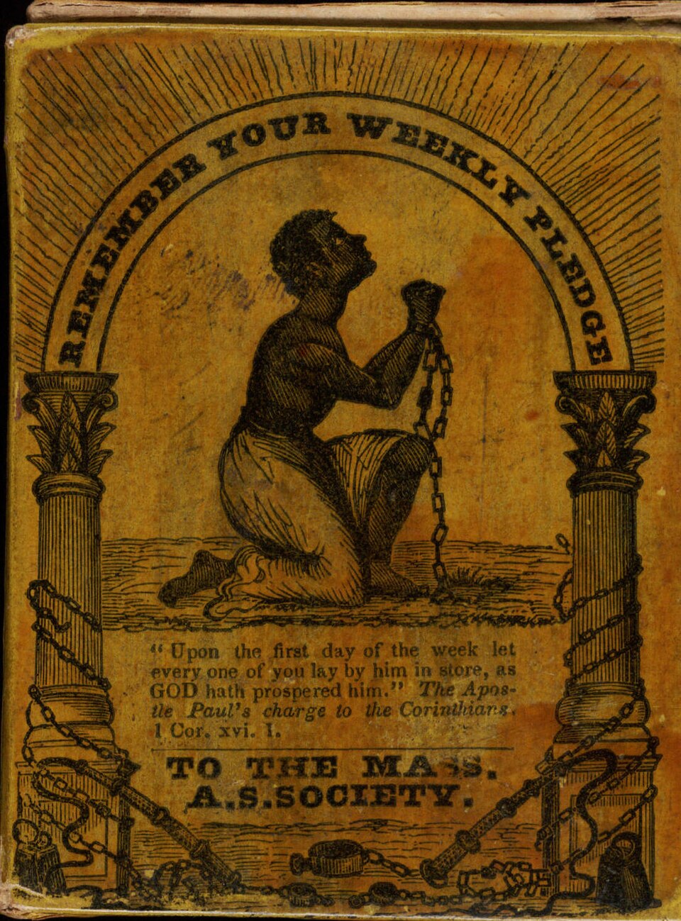 Side of collection box of the Massachusetts Anti-Slavery Society. Note on the box: "Let this box remain stationary upon the chimney piece or table in the…