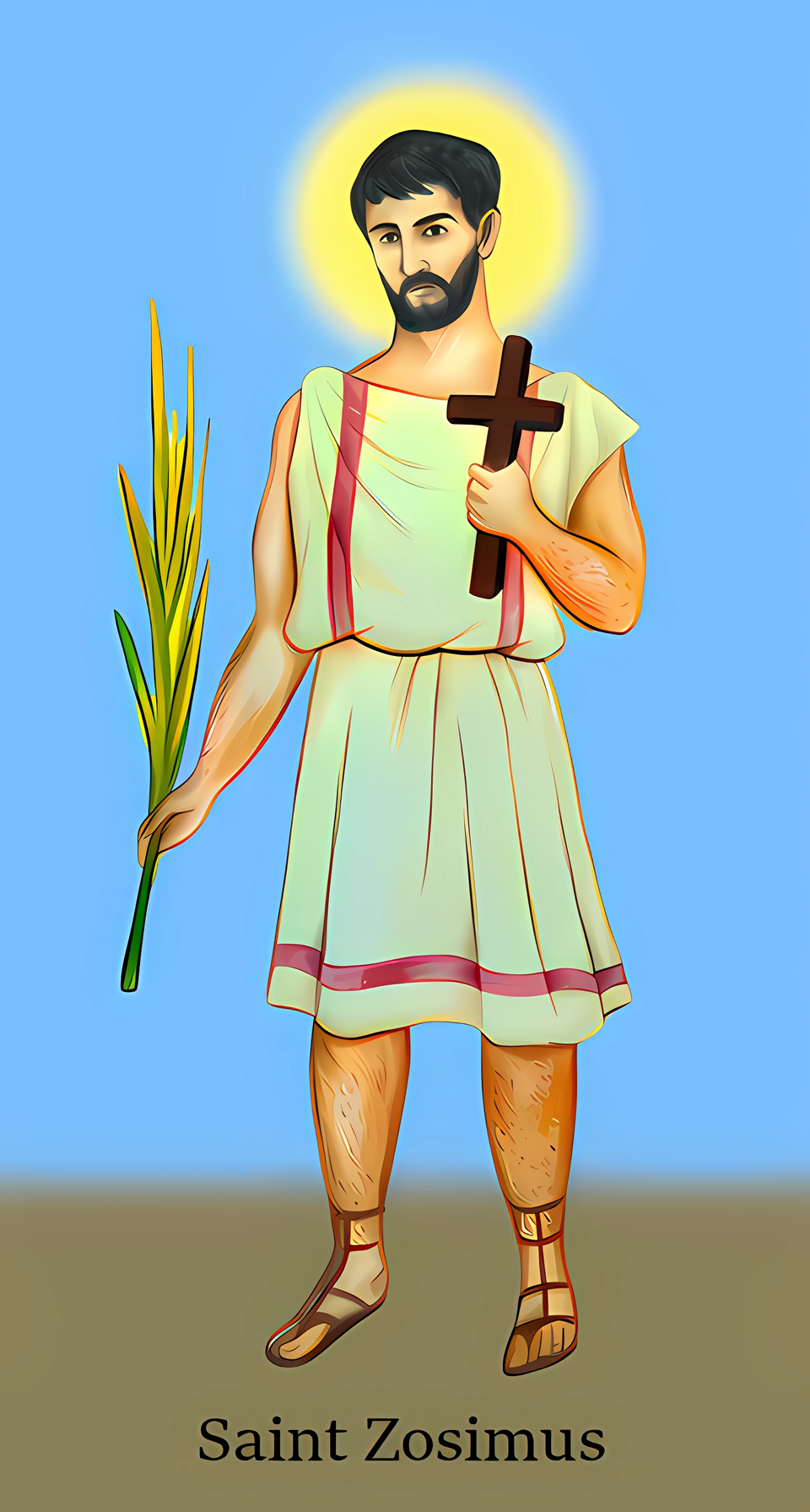 A young man in a Roman era tunic holding a palm branch and a cross.