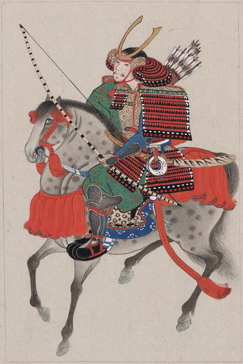 Samurai on horseback, wearing armor and horned helmet, carrying bow and arrows