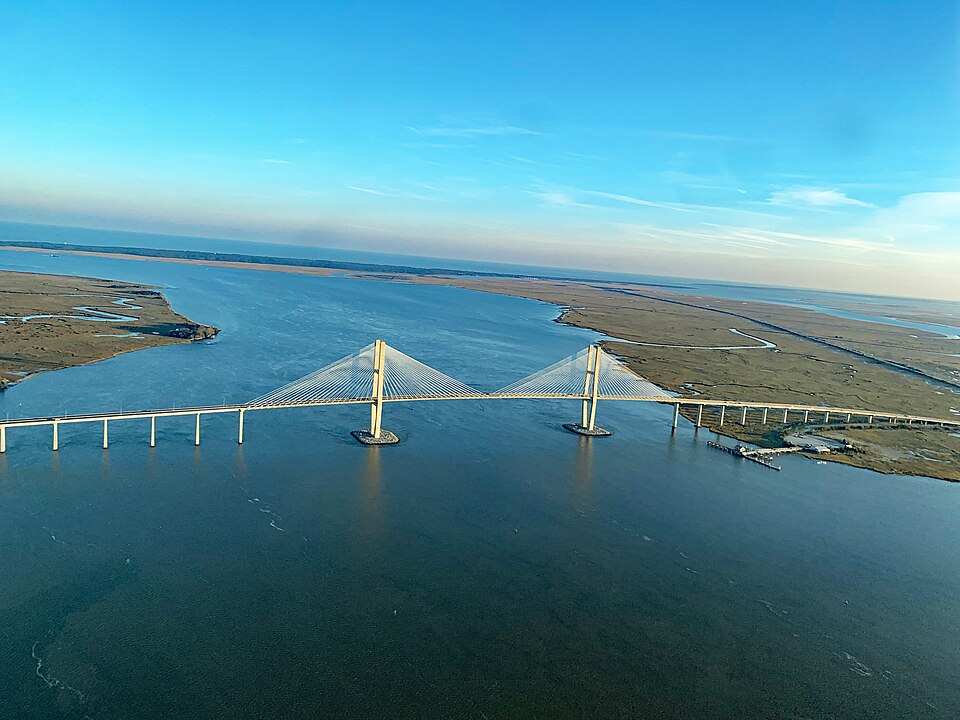 The Sidney Lanier Bridge in Brunswick, Georgia as seen from above in December, 2020.