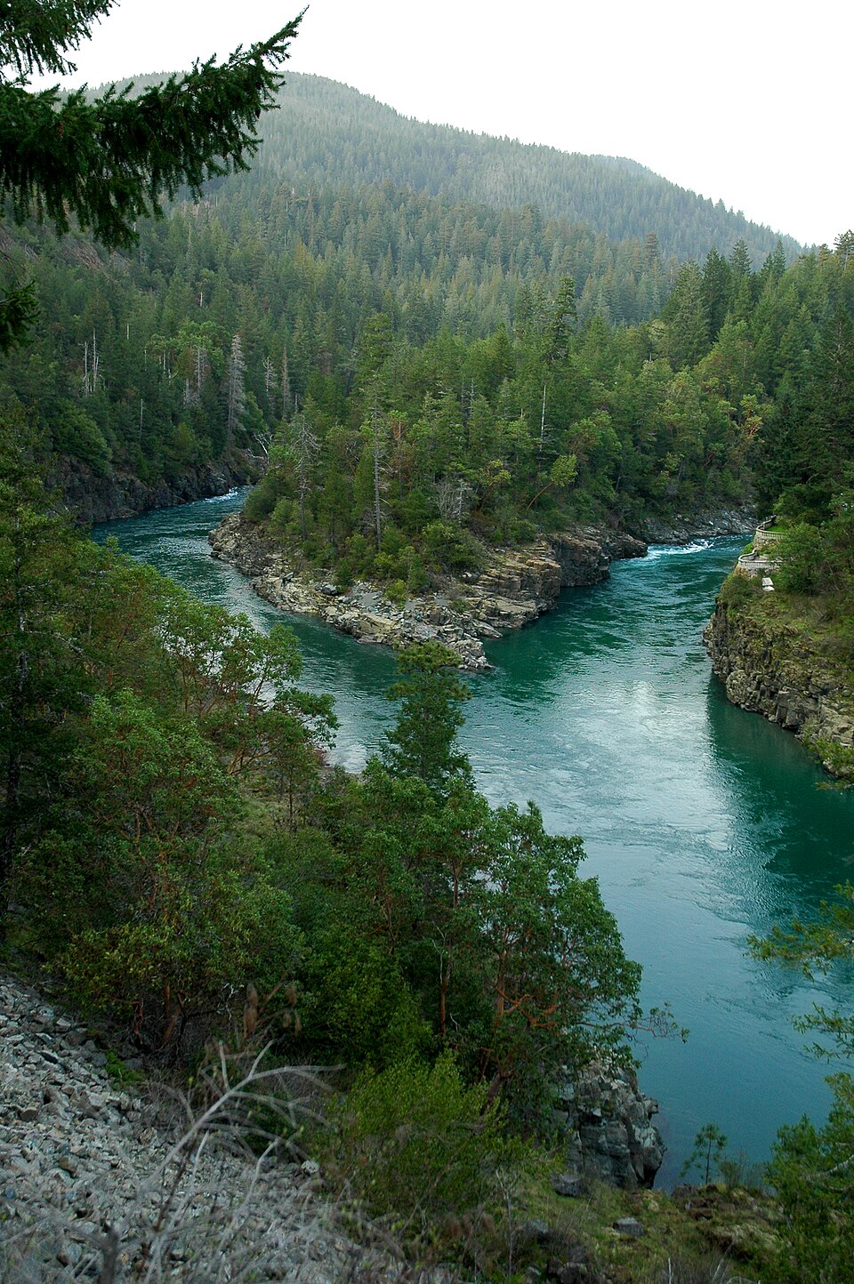 Einmündung des South Fork Smith River (rechts im Bild) in den Smith River , 12 km östlich von Crescent City (Kalifornien)