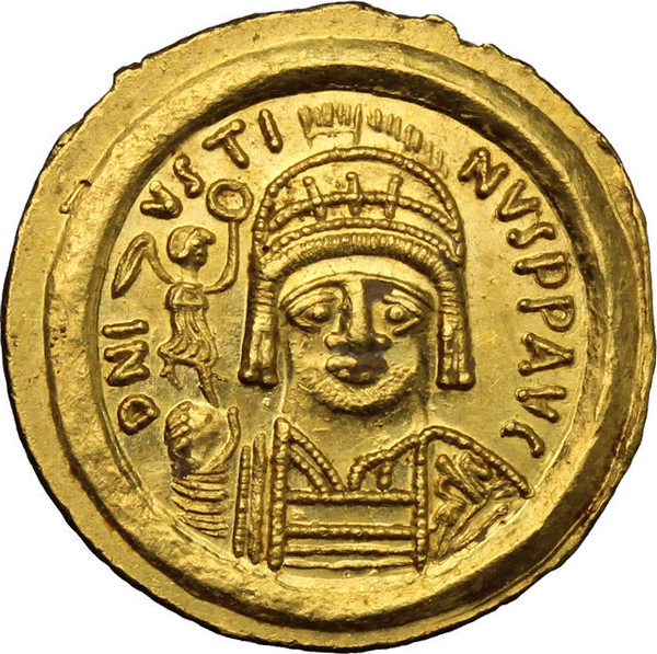 Probably his best preserved coin. AV Solidus, Ravenna mint. The inscription reads DNI-VSTI-NVS PP AVG / VICTORI-A AVGGG Z.