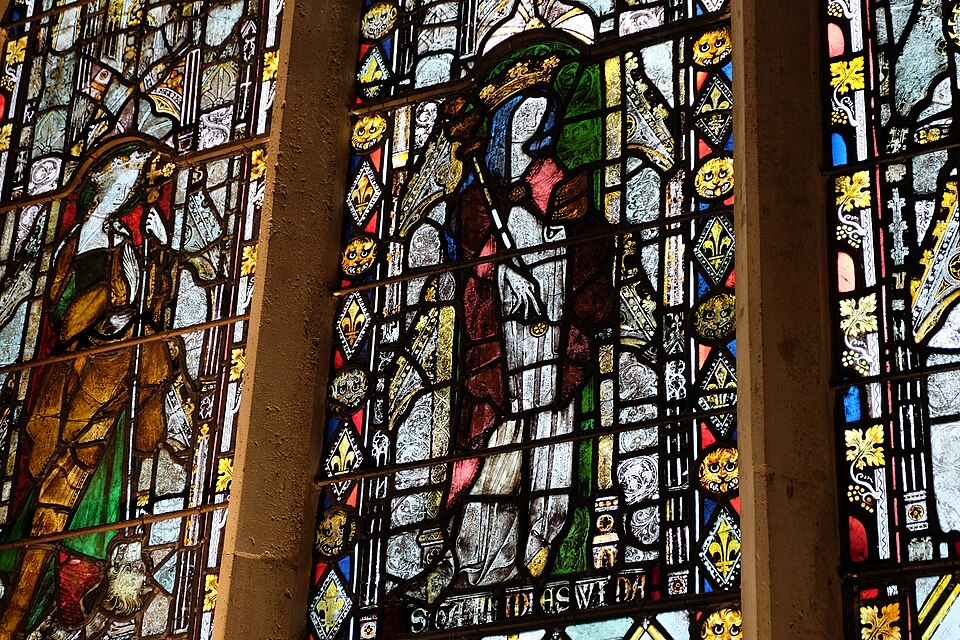 Section from 14th-century stained-glass window in the Latin Chapel of Christ Church Cathedral, Oxford, depicting St. Margaret with dragon, cross and palm;…