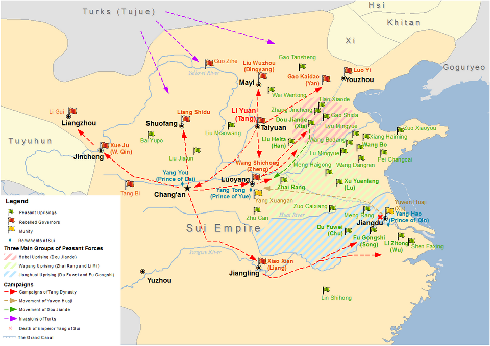 Map showing major uprisings and rebellions in the last years of Sui dynasty.