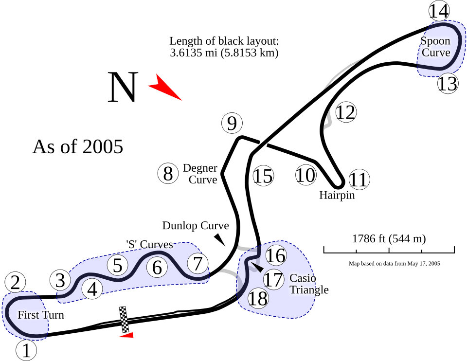 Track map as of 2005 for use with Suzuka Circuit .