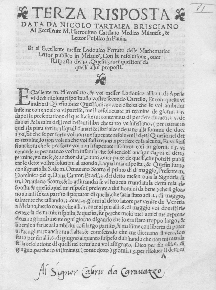 Niccolò Tartaglia, Terza risposta data a messer Hieronimo Cardano et a messer Lodovico Ferraro , 1547