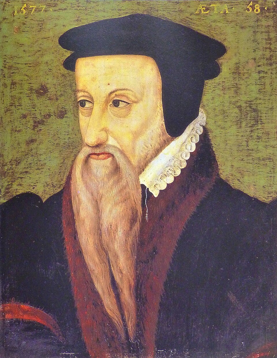 Portrait de Théodore de Bèze âgé de 58 ans, anonyme, daté 1577. Huile sur bois, 28,5 x 22 cm. - Genève , bibliothèque publique et universitaire. Publié dans…