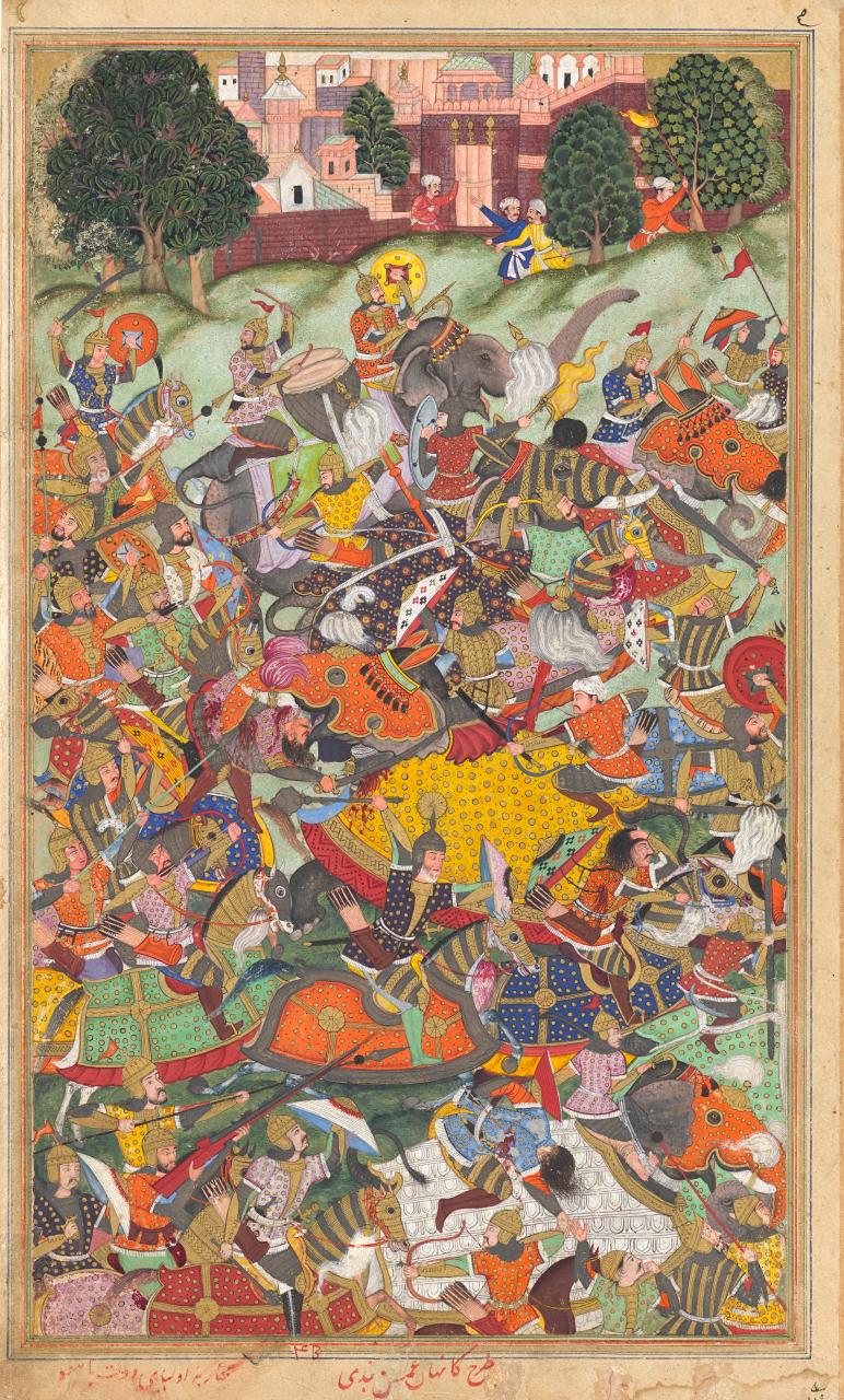 The defeat of Hemu at the Second Battle of Panipat, a c. 1590s painting by Kankar from the Akbarnama. Neither Hemu nor Akbar are depicted here suggesting…