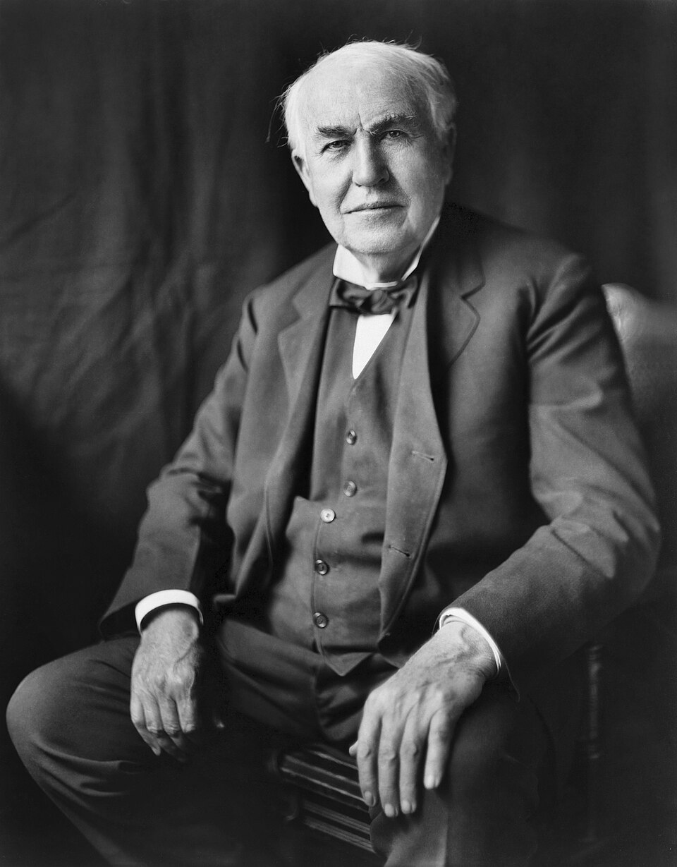 "Thomas Alva Edison, three-quarter length portrait, seated, facing front". Photographic print.