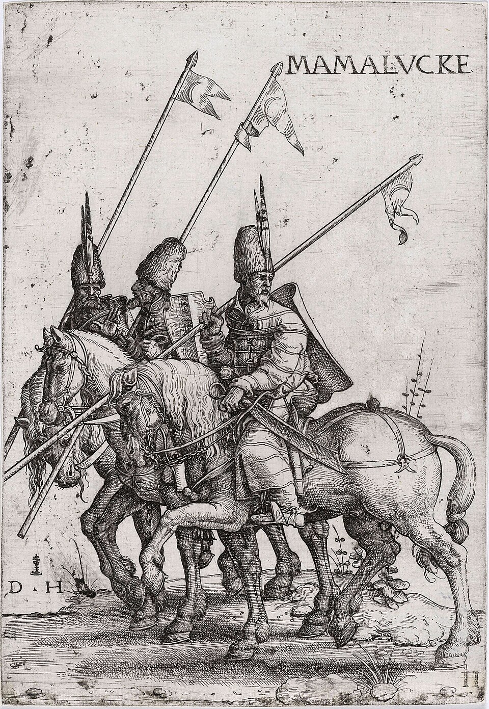 Hopfer, Daniel (ca 1470-1536): Etching, Three Mamelukes with lances on horseback. “Mamelucke” Bartsch 56, Holl.65 i/ii, before the Funck number. “Vor der…