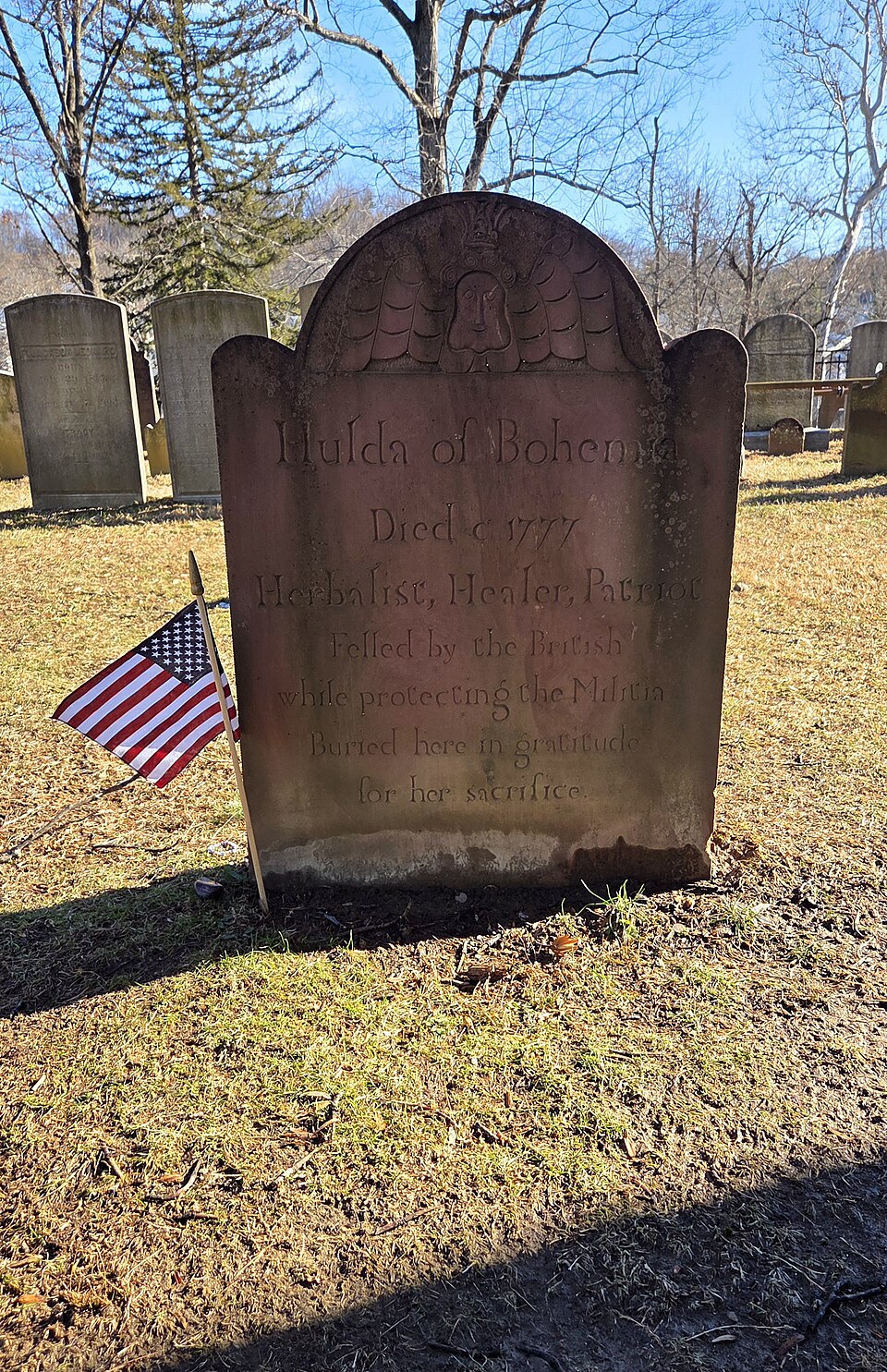 Memorial headstone of Hulda of Bohemia in Old Dutch Burying Ground, carved in 2019 in the style of the 18th-century master carver John Zuricher