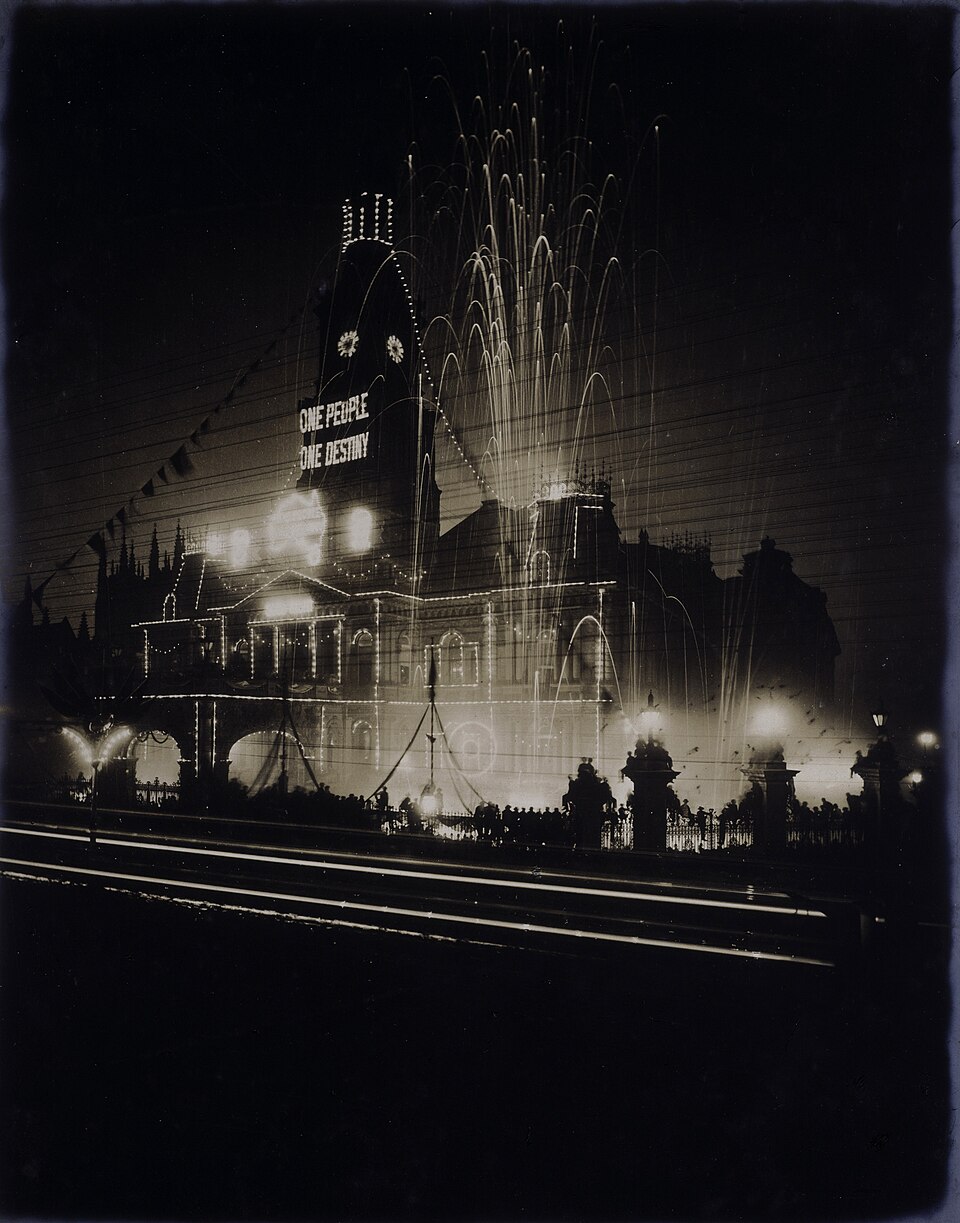 Night view of inauguration of the Australian Commonwealth, Sydney Town Hall, 1 January 1901, by W. A. Gullick, Government Printer, gelatin silver print,…