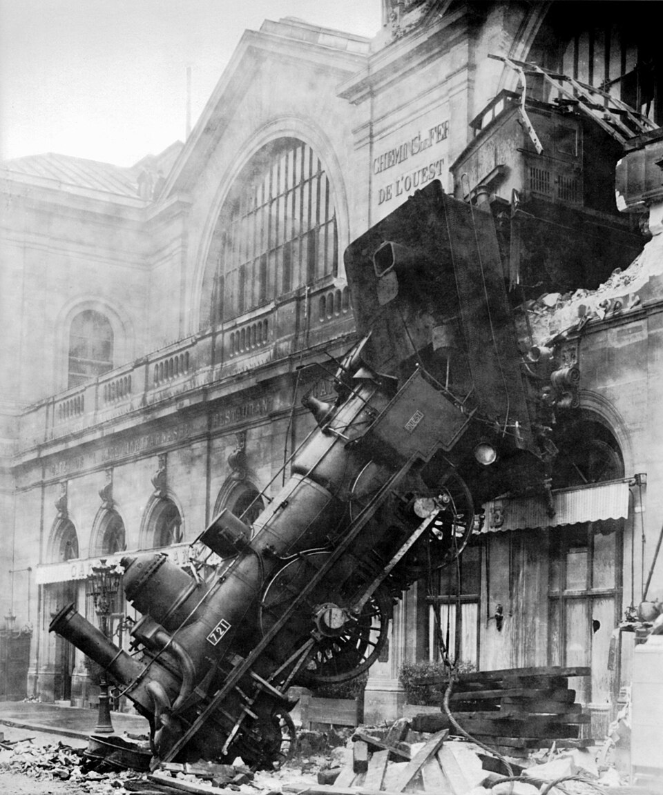 Train wreck at Montparnasse Station , at Place de Rennes side (now Place du 18 Juin 1940), Paris, France, 1895.