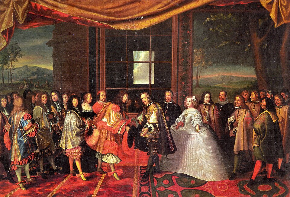 Entrevue de Louis XIV de France et de Philippe IV d'Espagne dans l'Île des Faisans en 1659. On distingue la fille de Philippe IV, future reine de France,…