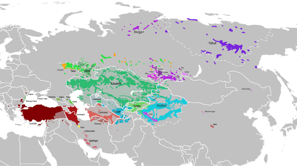 Map of the distribution of Turkic languages across Eurasia.