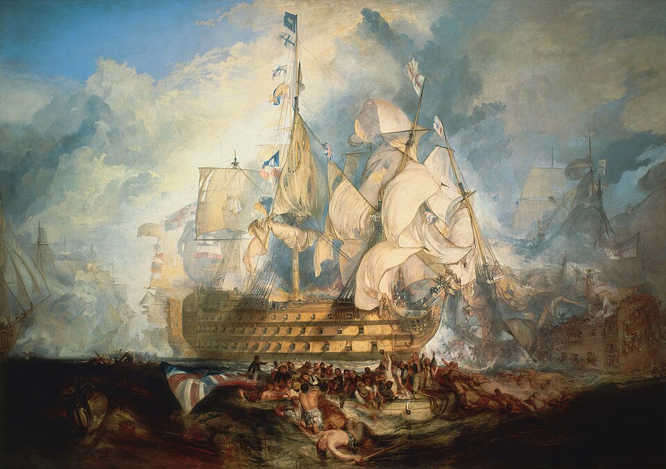 The painting combines events from several times during the battle. Nelson 's famous signal "England expects..." flies from the Victory (11:50); the…