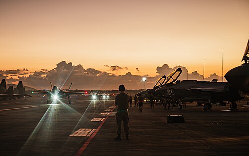 U.S. Air Force crew chiefs watch as F-35A Lightning II’s taxi following military actions in Venezuela in support of Operation Absolute Resolve, Jan. 3,…