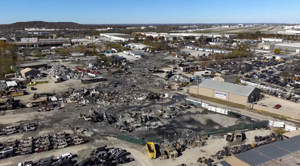 Aerial view of the crash site of UPS Flight 2976, an MD-11 which crashed shortly after takeoff