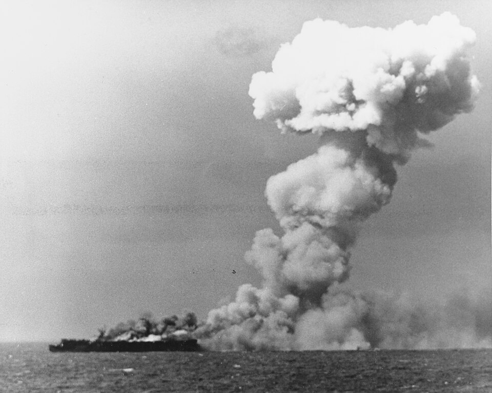The U.S. Navy light aircraft carrier USS Princeton (CVL-23) burning soon after she was hit by a Japanese bomb while operating off the Philippines on 24…