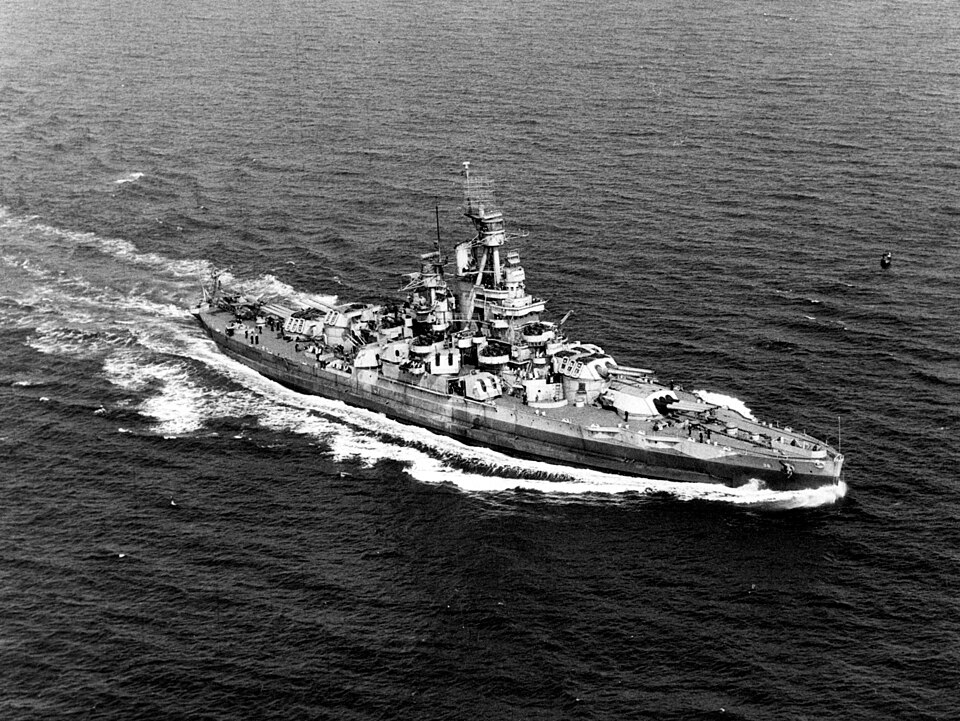 USS Nevada (BB-36) underway off of the U.S. Atlantic coast on 17 September 1944. Photographed from a blimp of squadron ZP-12. Official U.S. Navy Photograph,…