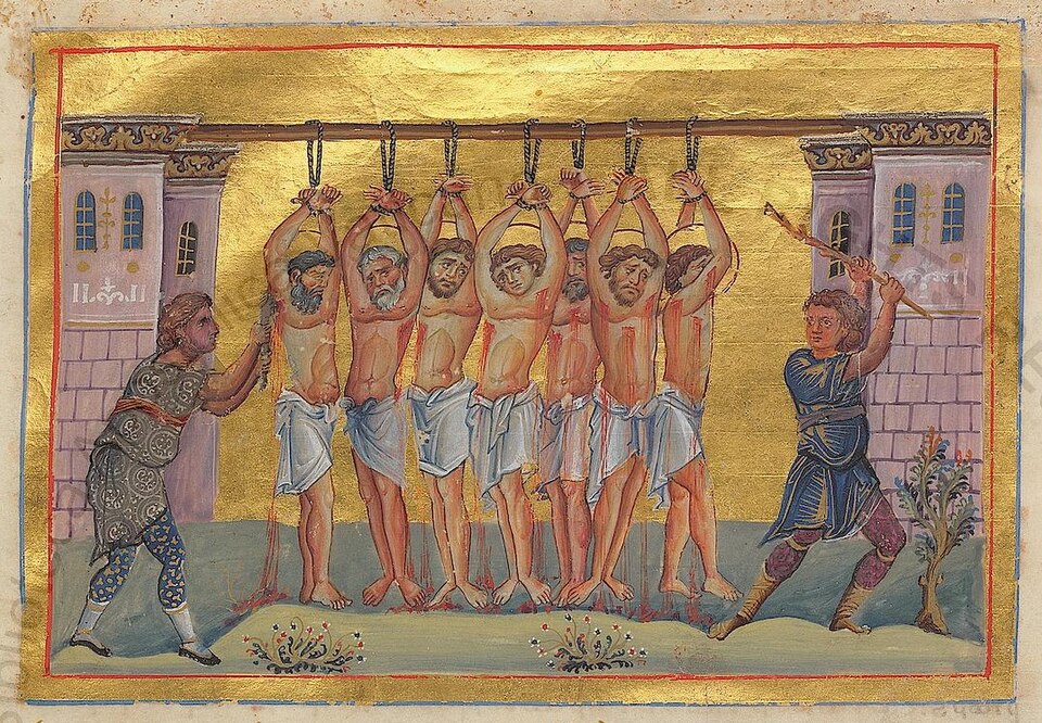 Holy Martyr Uar & 7 Christian teachers Constantinople. C.E.985 (H.E.10,985). Miniature Minology of Vasily II. Vatican Library. Rome.