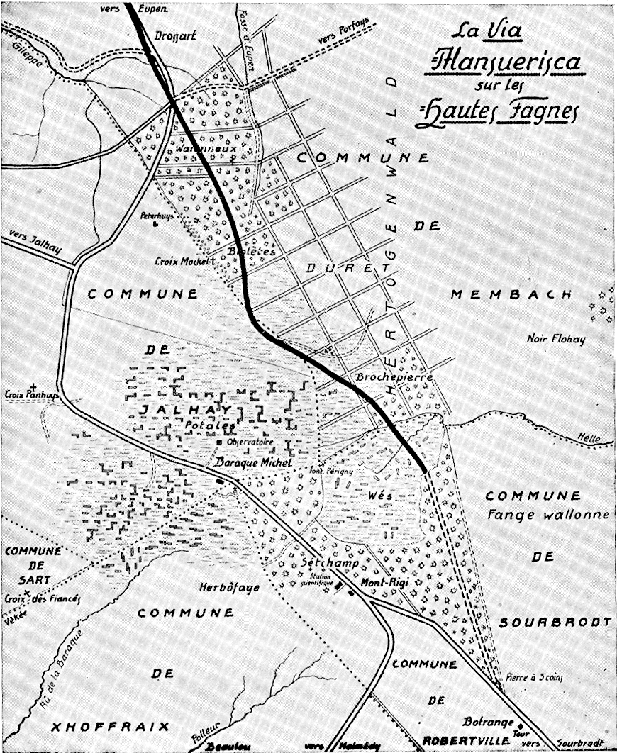 Tracé de la Via Mansuerisca dessiné par Joseph Bastin sur une carte ancienne.