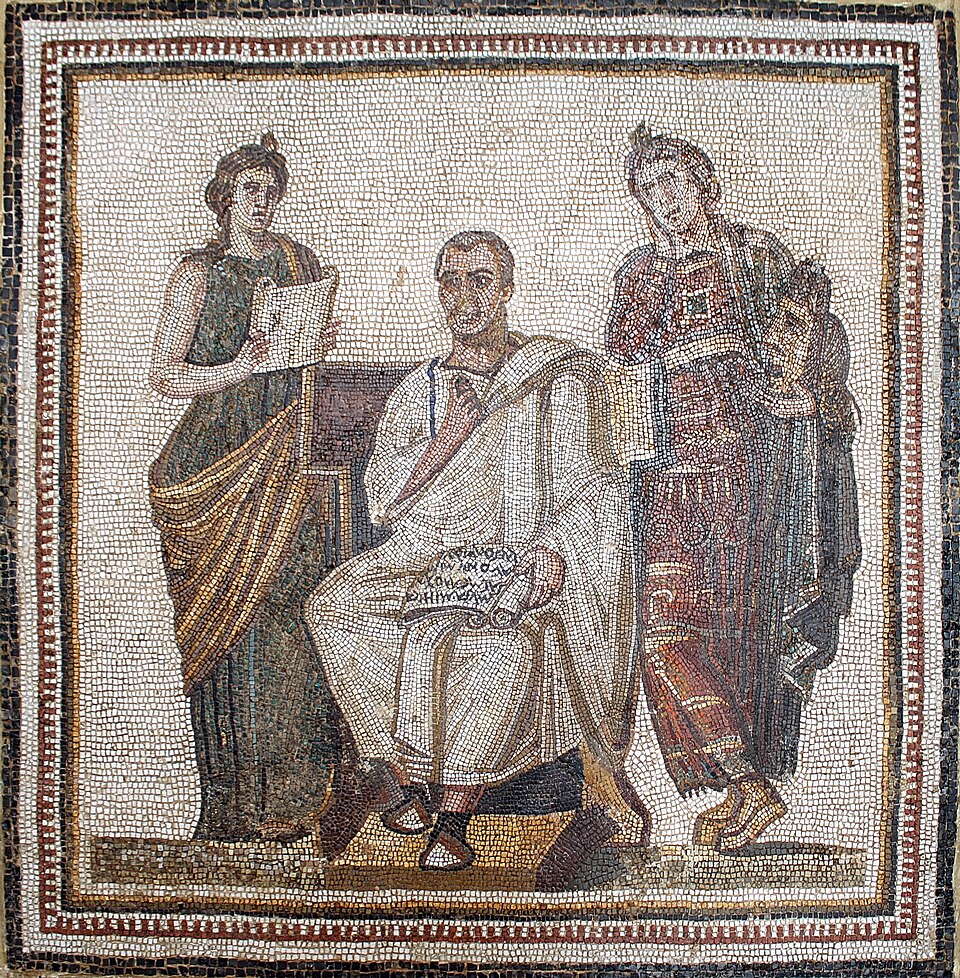 The great Latin poet, Virgil , holding a volume on which is written the Aenid. On either side stand the two muses: "Clio" (history) and "Melpomene"…