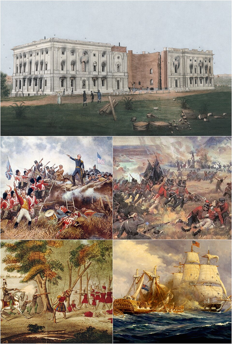 Montage of images relevant to the War of 1812. Clockwise, from top: Damage to the US Capitol building after the Burning of Washington . The mortally wounded…