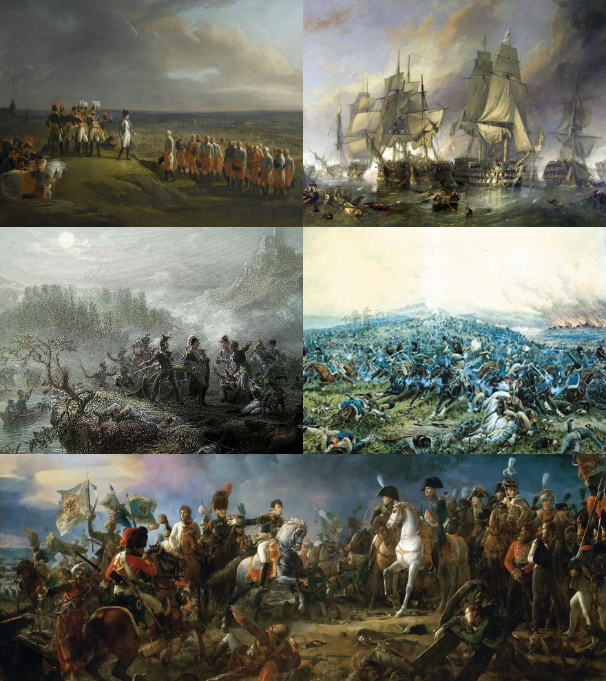 This collage was derived from: File:Ulm capitulation.jpg, File:Battle of Trafalgar, 21 October 1805.png, File:Battle of Durenstein.jpg,…