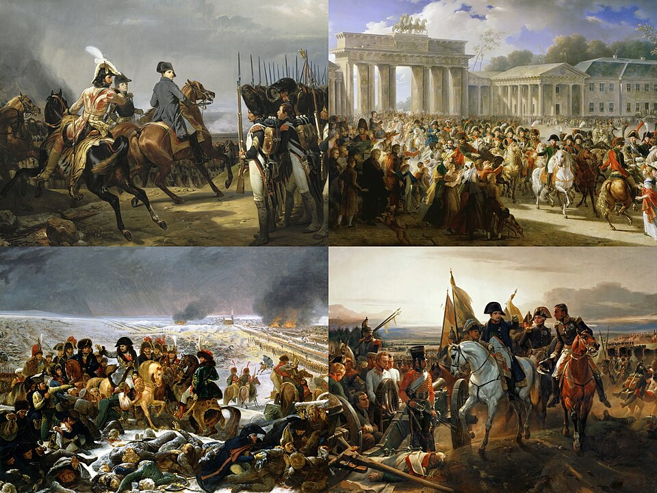 This collage was derived from: File:Iena.jpg, File:Charles Meynier - Entrée de Napoléon à Berlin. 27 octobre 1806.jpg, File:Antoine-Jean Gros - Napoleon on…