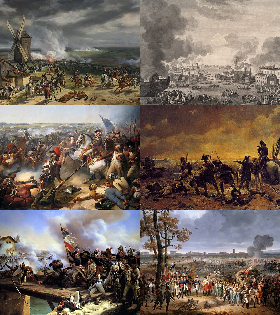This collage was derived from: File:Valmy Battle painting.jpg, File:Les coalises evacuent Toulon en decembre 1793.jpg, File:Bataille de Fleurus 1794.JPG,…