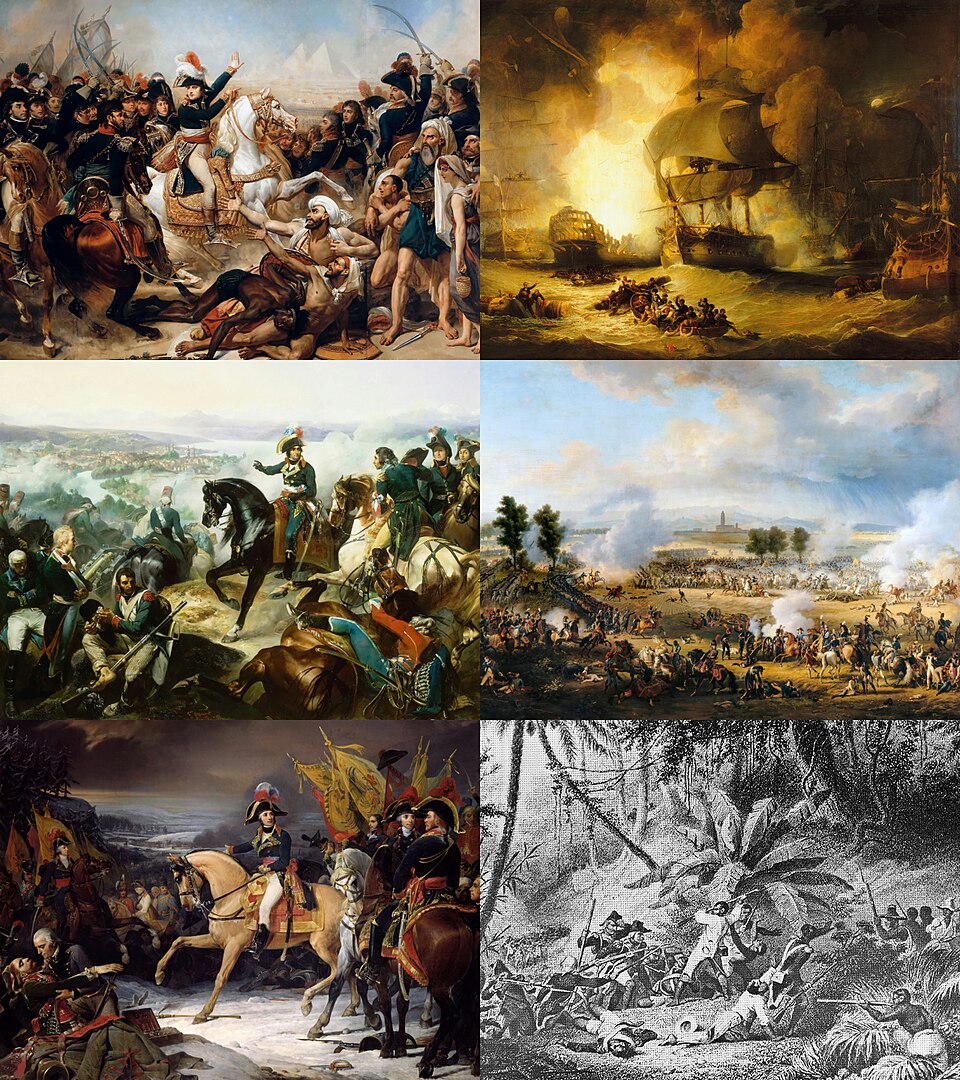 This collage was derived from: File:Baron Antoine-Jean Gros-Battle Pyramids 1810.jpg, File:The Battle of the Nile.jpg, File:Battle of zurich.jpg,…