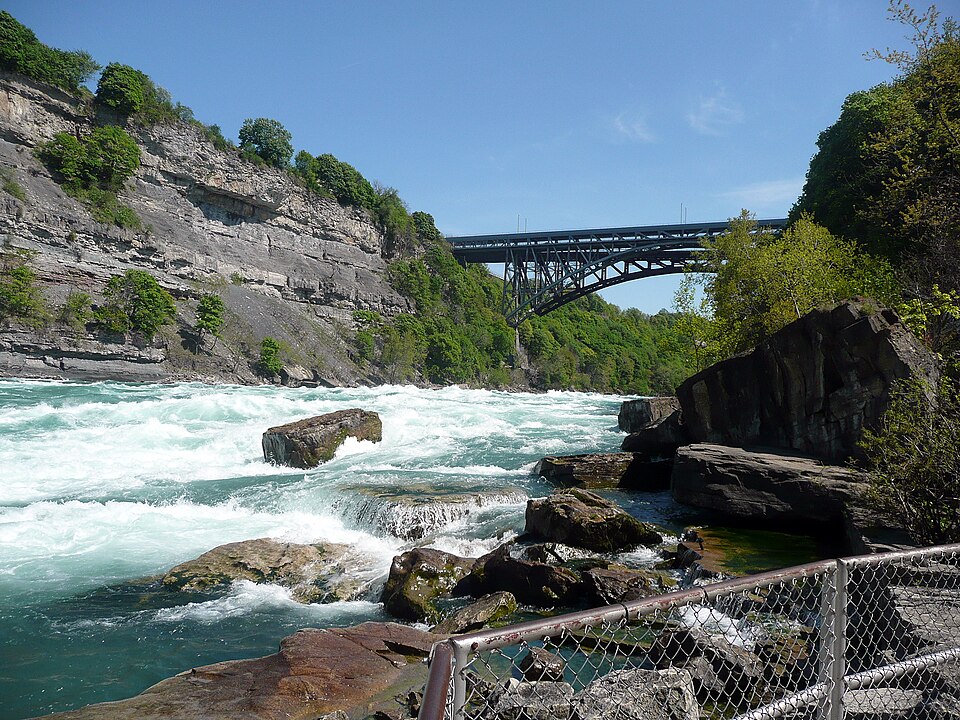 The Whirlpool Rapids Bridge from the Whitewater walk in Niagara Gorge. The bridge was designed by Leffert L. Buck and constructed between April 9, 1896 and…
