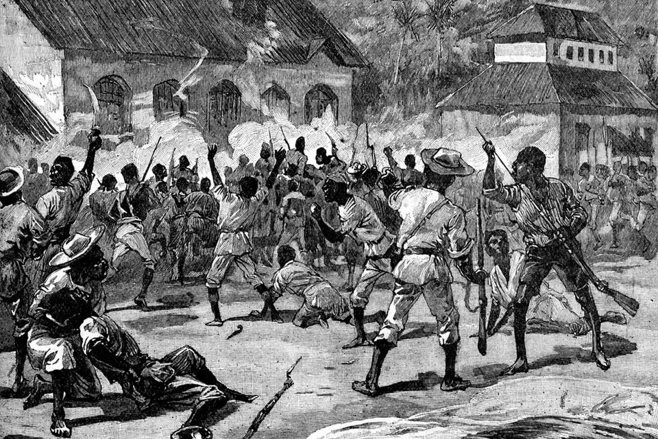 The attack on the court house St Thomas in the East Jamaica (Morant Bay rebellion), by William Heysham Overend, 1865.