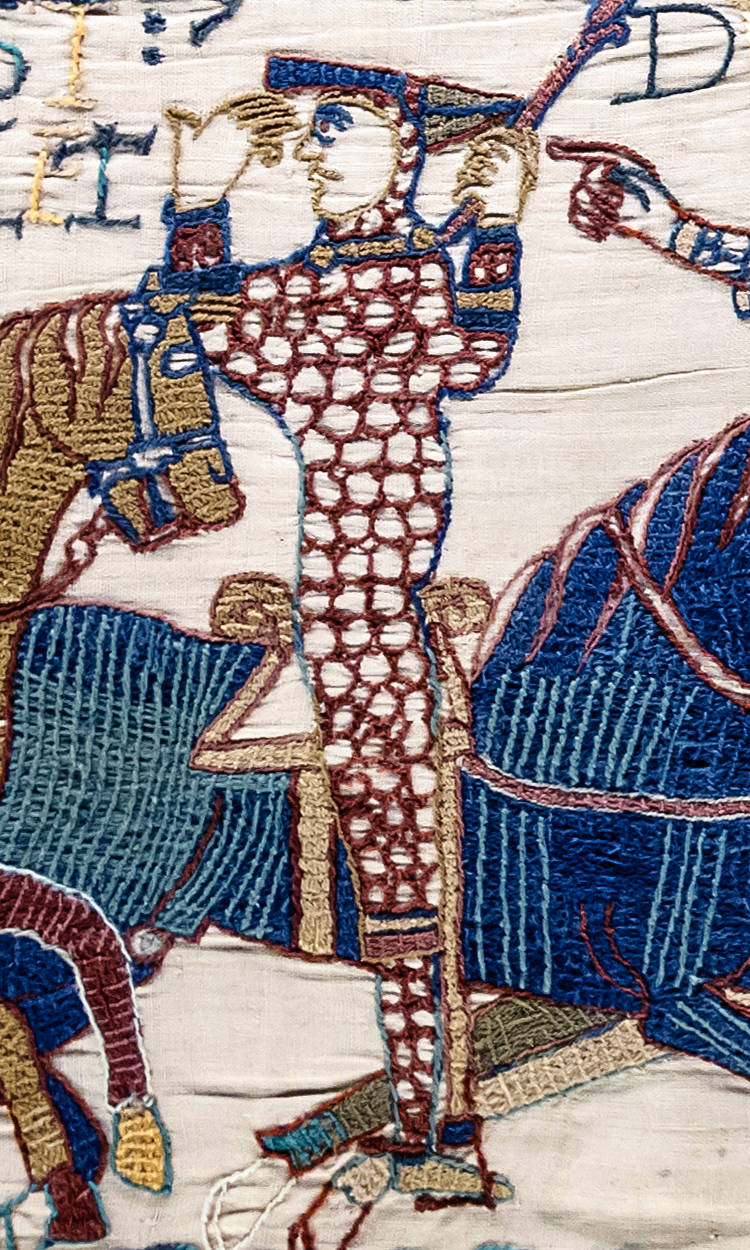 Bayeux Tapestry - Scenes 55 & 56 - Duke William lifts his helmet to be recognized on the battlefield of Hastings . Eustace II, Count of Boulogne points to…