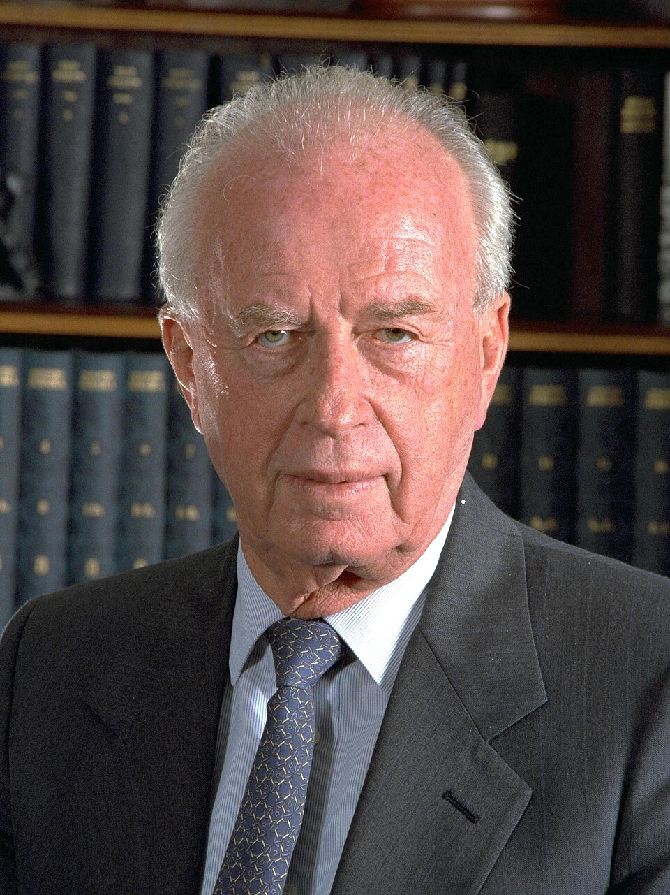 1992-1995: PM Yitzhak Rabin serving his second term as Prime Minister. Behind him is a bookshelf with a second edition Encyclopedia Judaica.