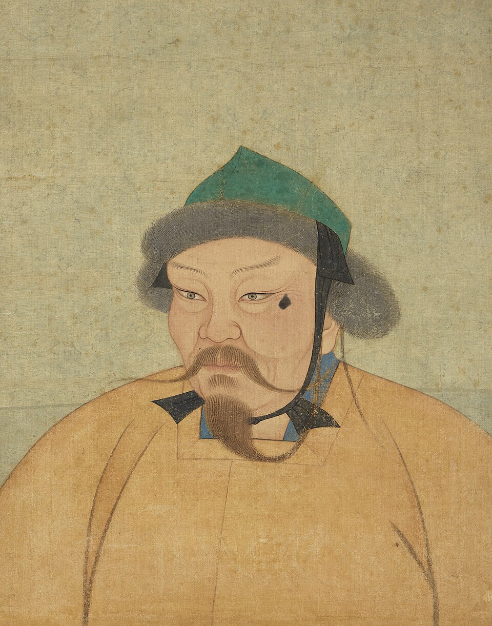 Ögedei Khan. Portrait cropped out of a page from an album depicting several Yuan emperors (Yuandai di banshenxiang), now located in the National Palace…