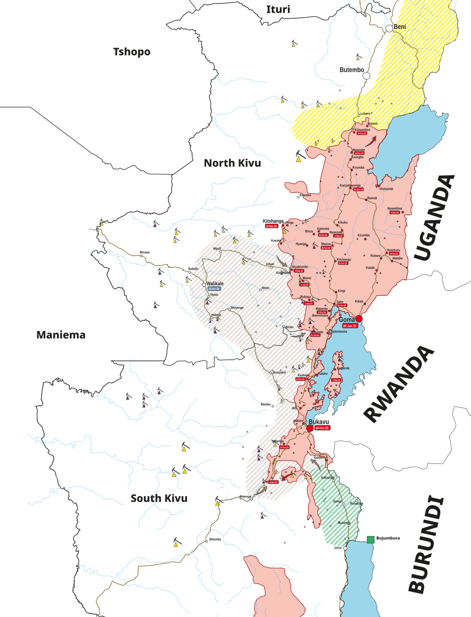 Map of areas under the control of the M23 and its allies in Kivu. Legend: Armed Groups: Areas under the control of the M23 and its allies (Rwandan army)…